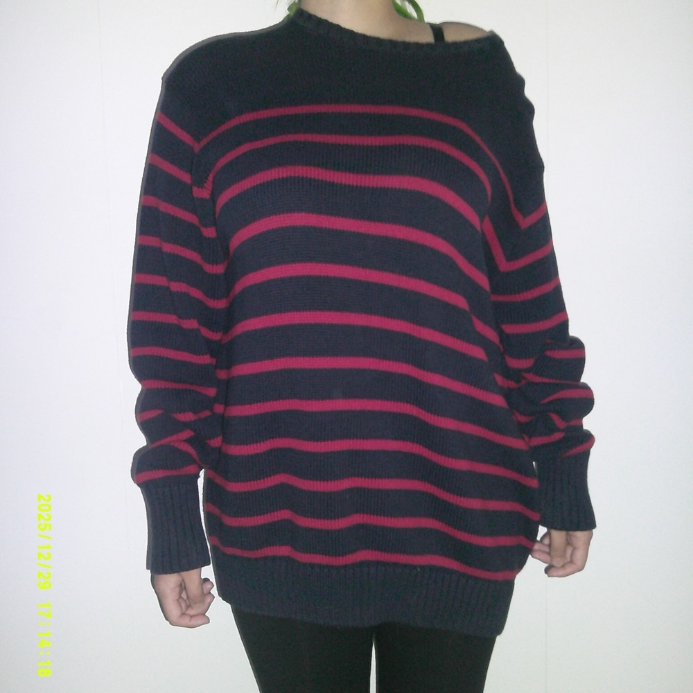 Brandy Melville Navy and Pink Off-the-Shoulder Sweater